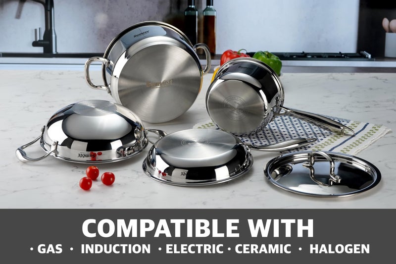 Sumeet Sumeet Cook Smart TriPly Stainless Steel 5Pc Induction Base Cookware Set of Deep Kadai - 20cm - 1.7L, Frypan - 20Cm - 1 LTR, Saucepan - 14Cm, Casserole - 20cm - 2.9Ltr & Steel Lid, Pack of 5 - Silver  - Image 3