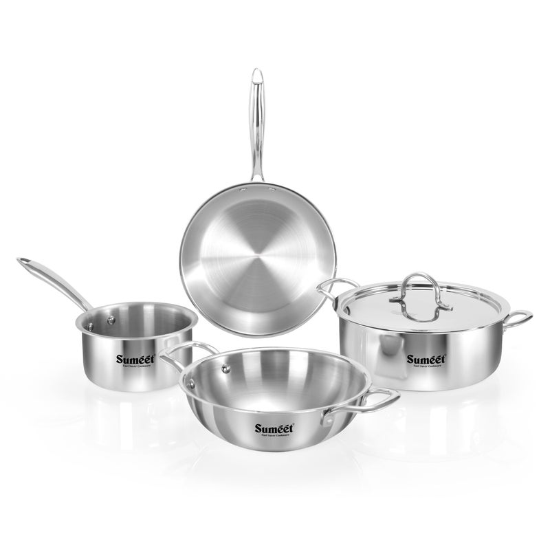 Sumeet Sumeet Cook Smart TriPly Stainless Steel 5Pc Induction Base Cookware Set of Deep Kadai - 20cm - 1.7L, Frypan - 20Cm - 1 LTR, Saucepan - 14Cm, Casserole - 20cm - 2.9Ltr & Steel Lid, Pack of 5 - Silver  - Image 1