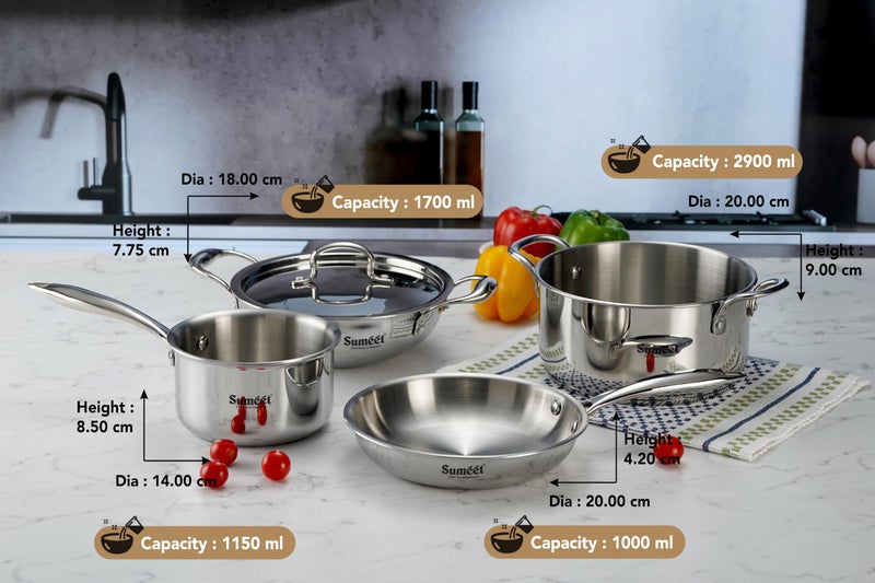 Sumeet Sumeet Cook Smart TriPly Stainless Steel 5Pc Induction Base Cookware Set of Deep Kadai - 20cm - 1.7L, Frypan - 20Cm - 1 LTR, Saucepan - 14Cm, Casserole - 20cm - 2.9Ltr & Steel Lid, Pack of 5 - Silver  - Image 4