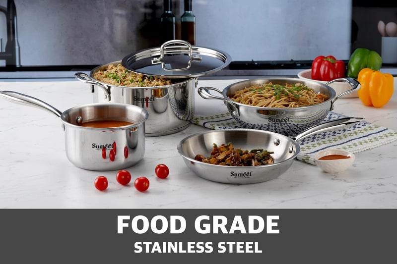 Sumeet Sumeet Cook Smart TriPly Stainless Steel 5Pc Induction Base Cookware Set of Deep Kadai - 20cm - 1.7L, Frypan - 20Cm - 1 LTR, Saucepan - 14Cm, Casserole - 20cm - 2.9Ltr & Steel Lid, Pack of 5 - Silver  - Image 5