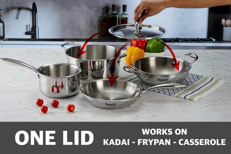 Sumeet Sumeet Cook Smart TriPly Stainless Steel 5Pc Induction Base Cookware Set of Deep Kadai - 20cm - 1.7L, Frypan - 20Cm - 1 LTR, Saucepan - 14Cm, Casserole - 20cm - 2.9Ltr & Steel Lid, Pack of 5 - Silver  - Image 2