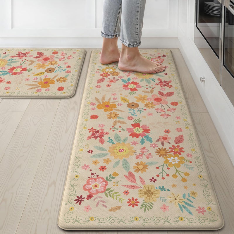GENIMO Kitchen Mats for Floor 2PCS, Cushioned Kitchen Rugs Non Slip Washable, Farmhouse Anti Fatigue Mat Waterproof, Comfort Standing Mat Rug for Office, Home, Laundry, 17.3"x47"+17.3"x30", Beige - Image 1