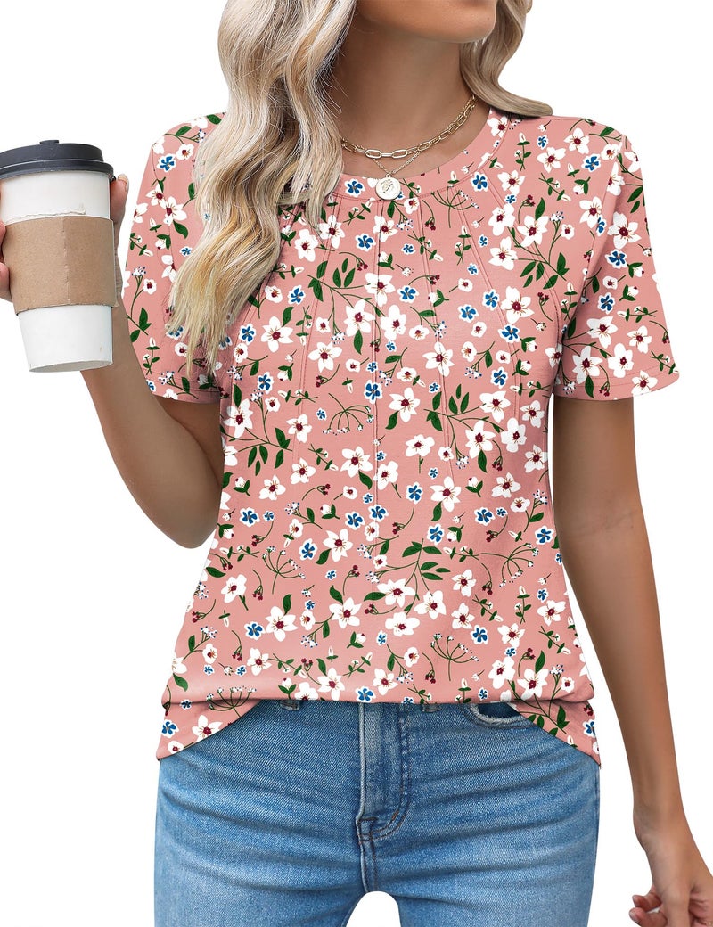Kistore Blouses for Women Dressy Casual Floral Crew Neck Short Sleeve Pleated Tunic Tops to Wear with Leggings XL - Image 1