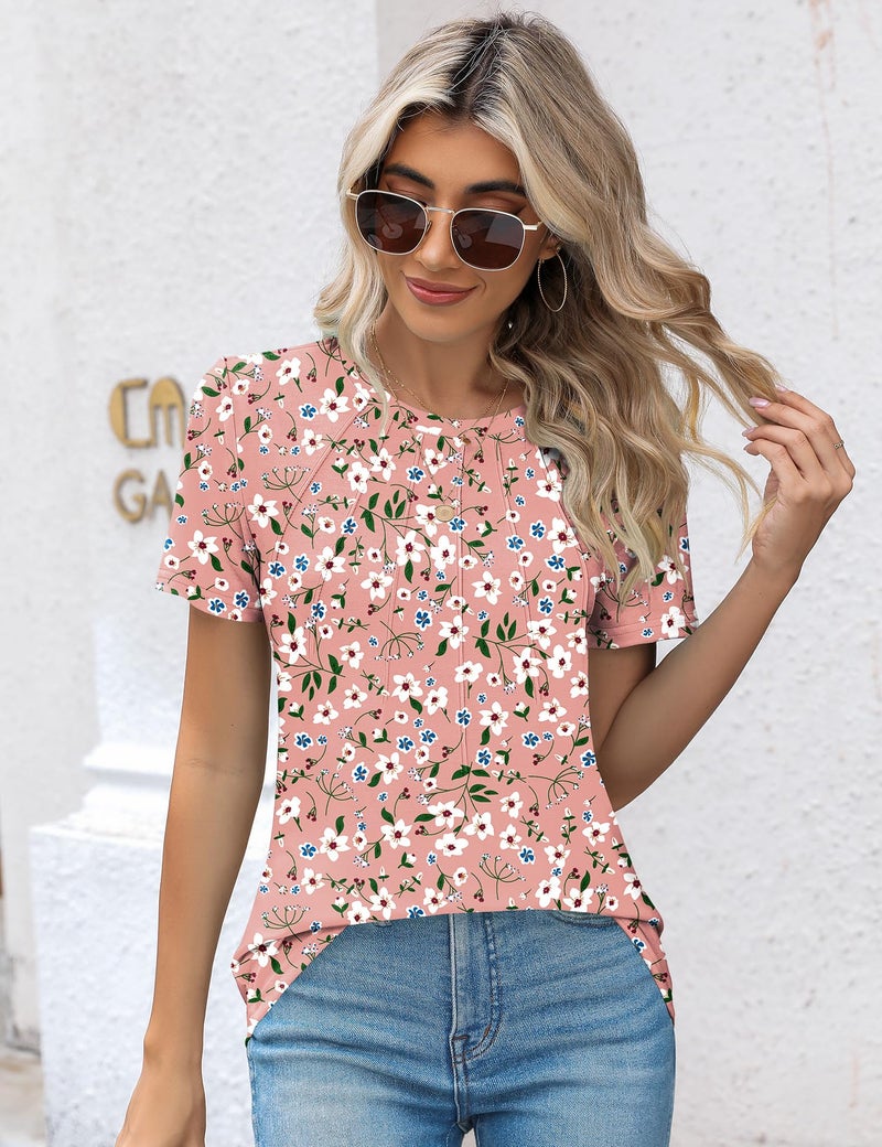 Kistore Blouses for Women Dressy Casual Floral Crew Neck Short Sleeve Pleated Tunic Tops to Wear with Leggings XL - Image 5