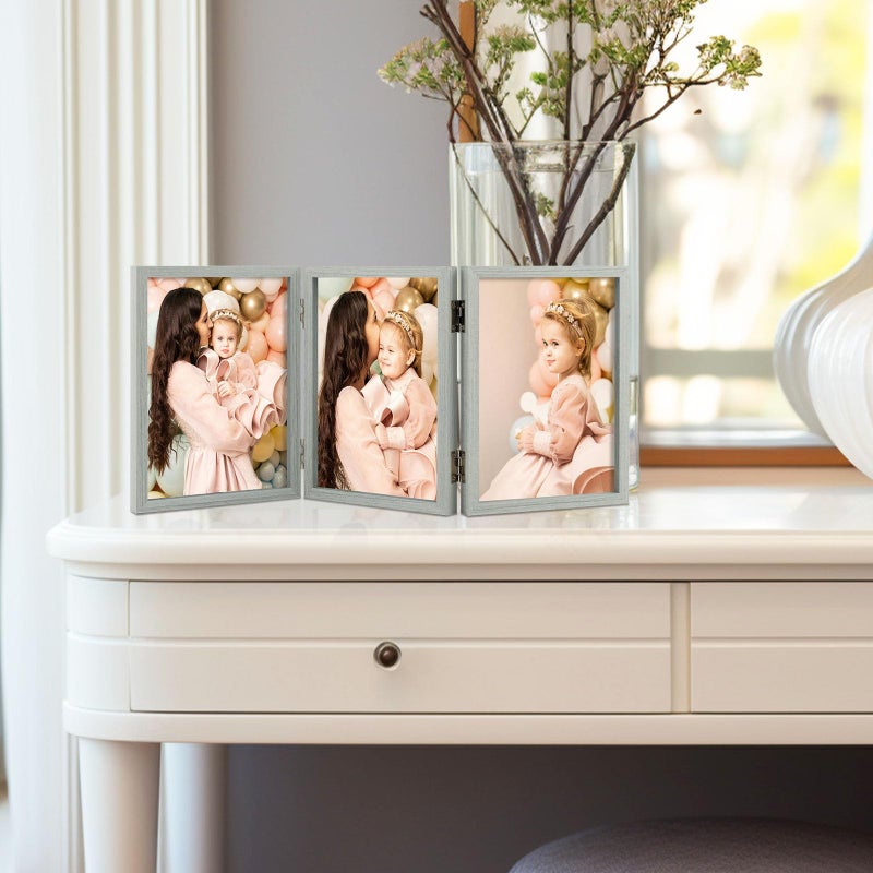 Space Art Deco 5x7 Triple Hinged Frames  3 Folding Picture Frame  Triptych Photo Frame  Stand Vertically on Desktop or Tabletop  Grey - Image 3