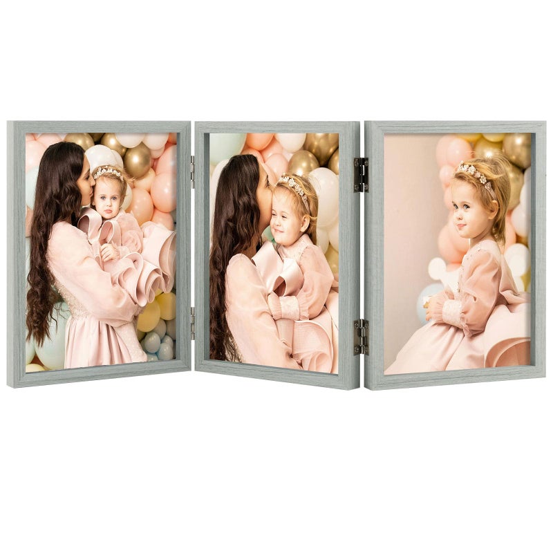 Space Art Deco 5x7 Triple Hinged Frames  3 Folding Picture Frame  Triptych Photo Frame  Stand Vertically on Desktop or Tabletop  Grey - Image 1