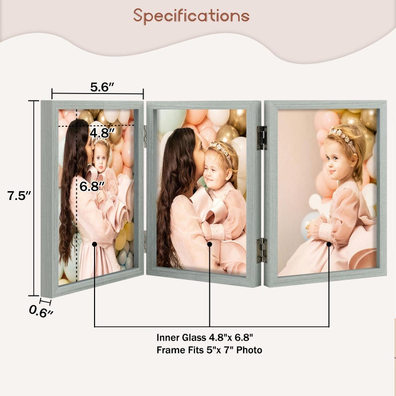 Space Art Deco 5x7 Triple Hinged Frames  3 Folding Picture Frame  Triptych Photo Frame  Stand Vertically on Desktop or Tabletop  Grey - Image 2