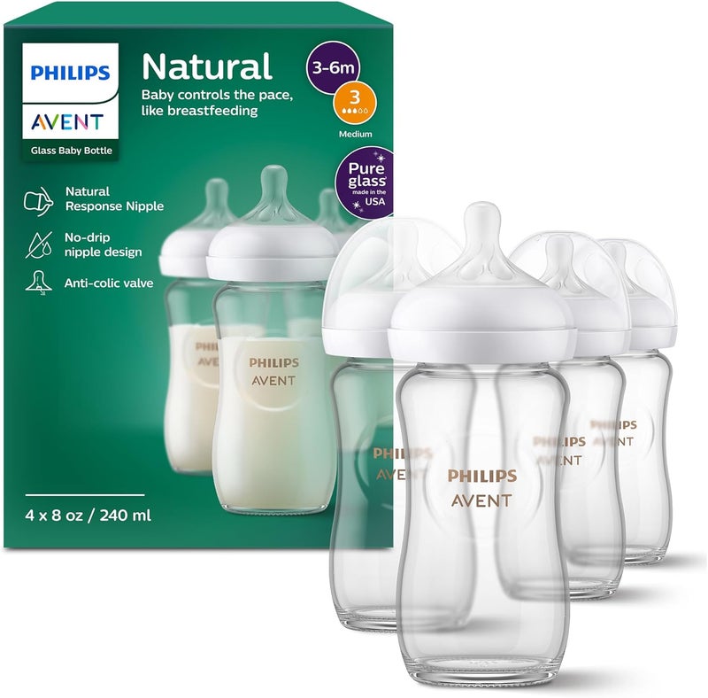 Avent Philips AVENT Glass Natural Baby Bottle with Natural Response, Clear, 8oz, 4pk, SCY913/04 - Image 1