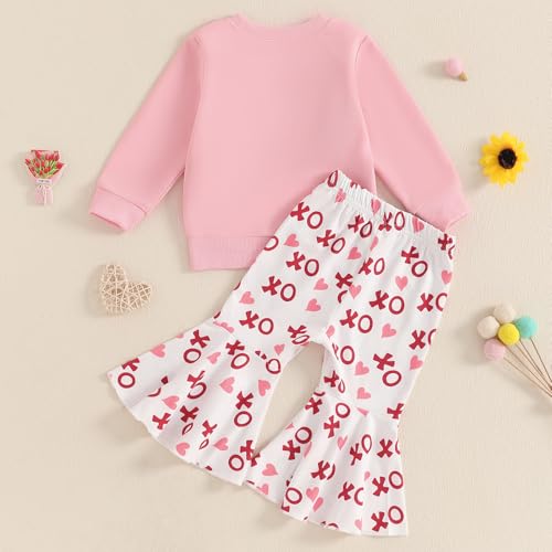 DNOMAID YZARC Toddler Baby Girl Valentines Outfit Letter Embroidery Crewneck Sweatshirt Top Heart Flare Pants Clothes Set (A-Pink, 2-3T) - Image 3