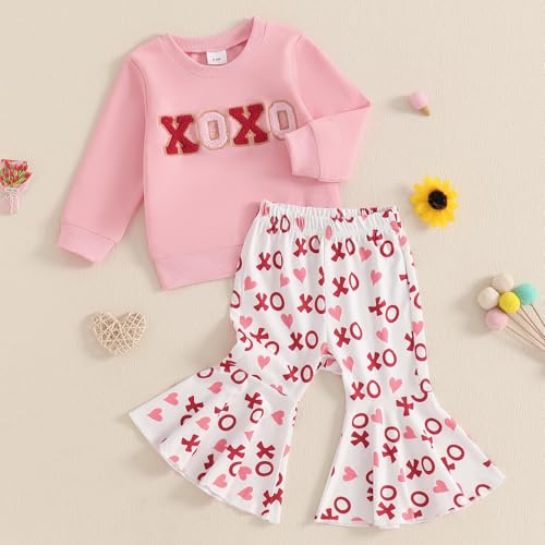 DNOMAID YZARC Toddler Baby Girl Valentines Outfit Letter Embroidery Crewneck Sweatshirt Top Heart Flare Pants Clothes Set (A-Pink, 2-3T) - Image 2
