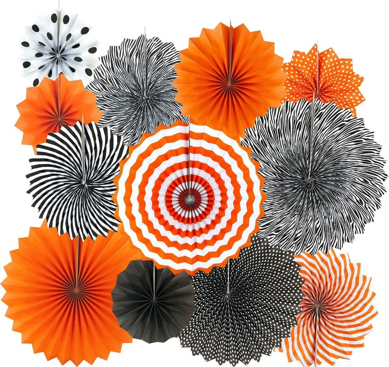 AKIO CRAFT Black Orange Party Hanging Paper Fans Party Ceiling Hangings Halloween Baby Shower Birthday Wedding Party Decorations, 12pc - Image 1