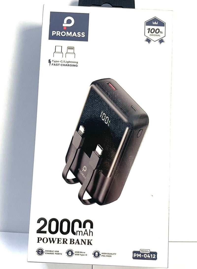 بروماس باور بانك بسعة 20000 مللي أمبير مع كابلات مدمجة - أسود - Image 1