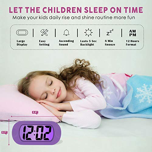 Plumeet Kids Alarm Clock Large Digital LCD Travel Alarm Clocks with Snooze and Night Light - Ascending Sound and Handheld Size - Best Gift for Kids (Purple) - Image 2