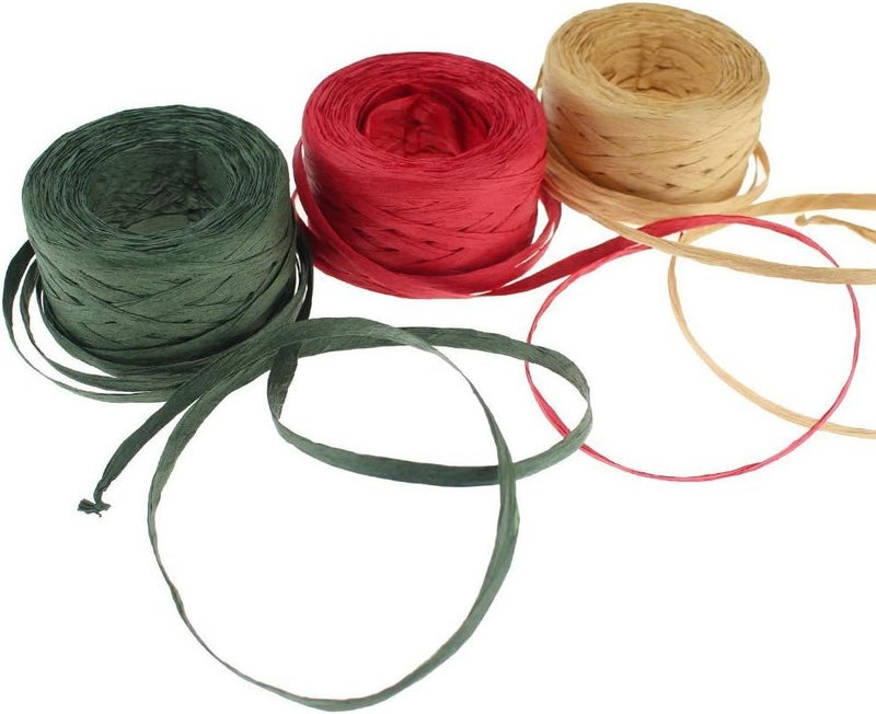 Creatrill 3 Rolls Red Green Kraft 1/4" by 492 Feet Raffia Ribbon/String, 164 Feet Each Roll, Packing Paper Twine for Christmas - Image 1