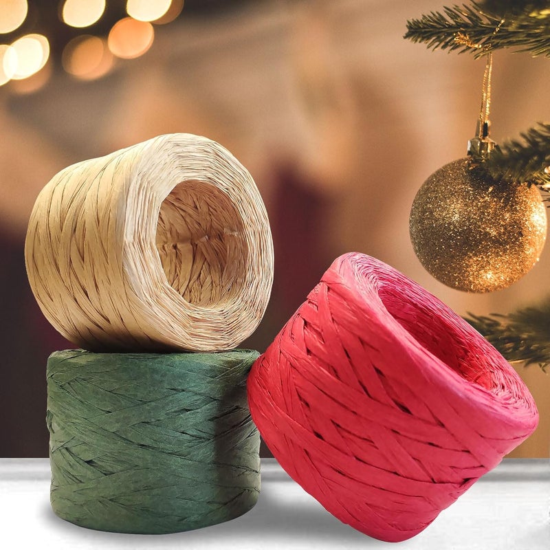 Creatrill 3 Rolls Red Green Kraft 1/4" by 492 Feet Raffia Ribbon/String, 164 Feet Each Roll, Packing Paper Twine for Christmas - Image 3