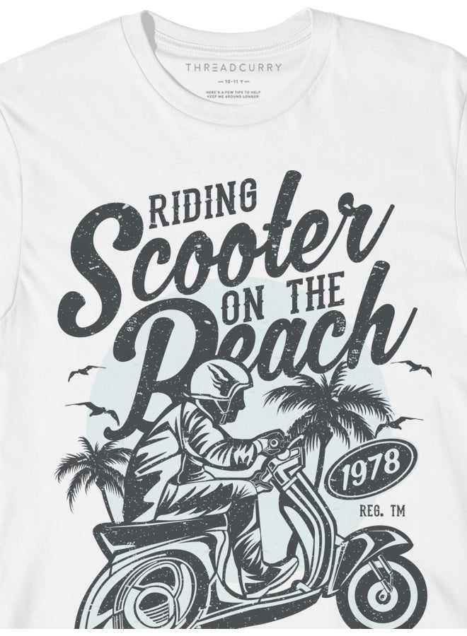 THREADCURRY THREADCURRY Scooter on Beach Fun Comic Cotton Graphic Printed Tshirt for Boys  - Image 3