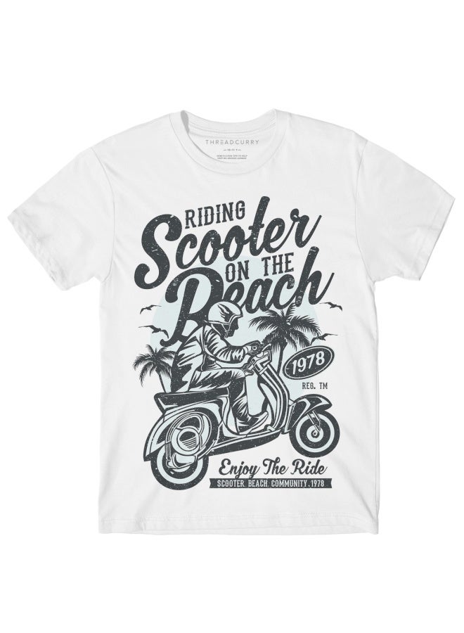 THREADCURRY THREADCURRY Scooter on Beach Fun Comic Cotton Graphic Printed Tshirt for Boys  - Image 1