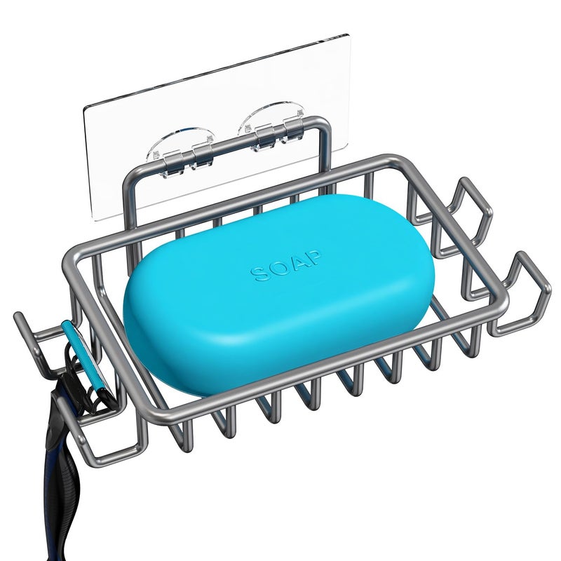 Nieifi Bar Soap Holder for Shower Wall with 4 Hooks Stainless Steel Adhesive Soap Dish for Bathroom Gray