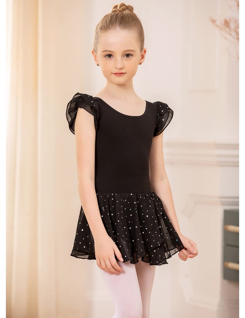Arshiner Girls Ruffle Sleeve Ballet Dance Dress Tutu Skirted Leotard, 6-7 Years, Black (Asian Size 140) - Image 2