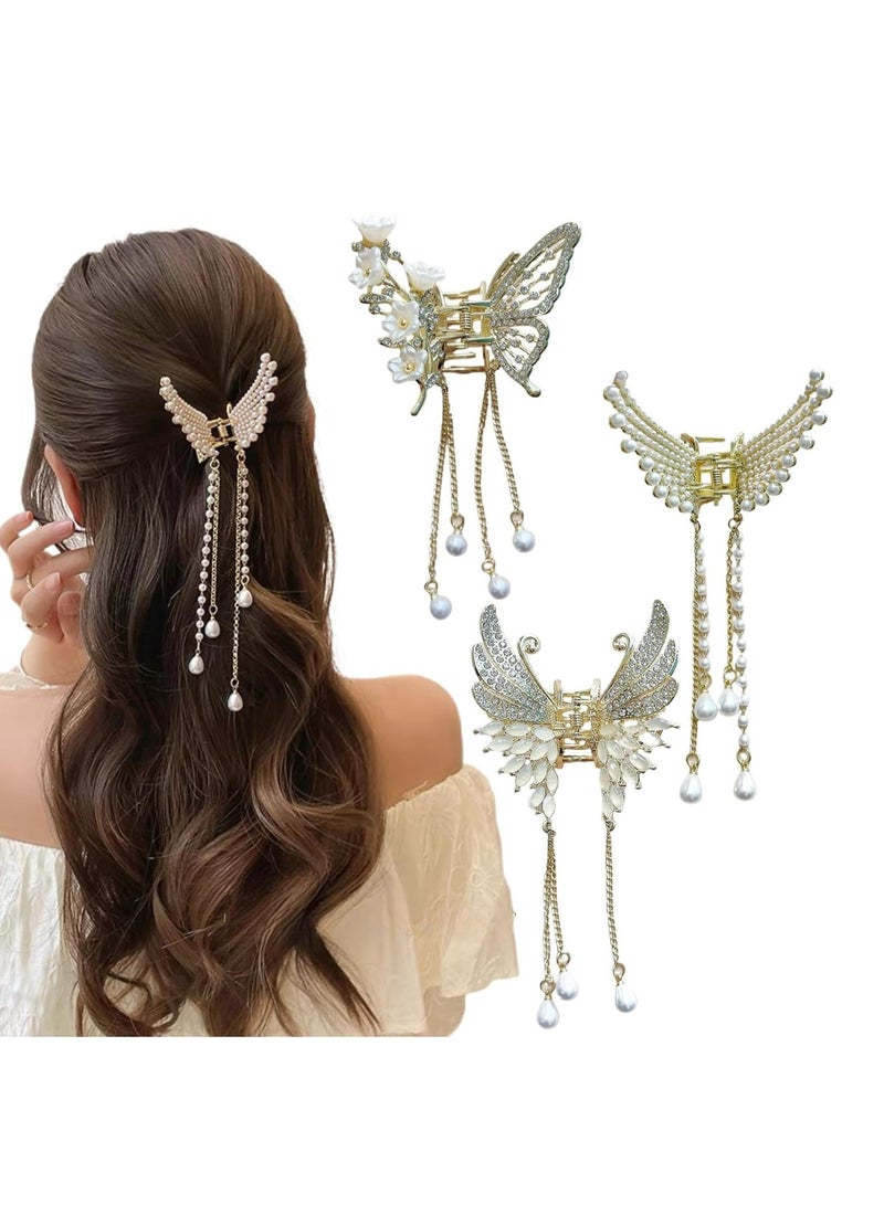 Oasisgalore Pack of 3 Small Gold Metal Butterfly Hair Clips with Fringe, Pearls, and Rhinestones for Women and Girls.  - Image 1
