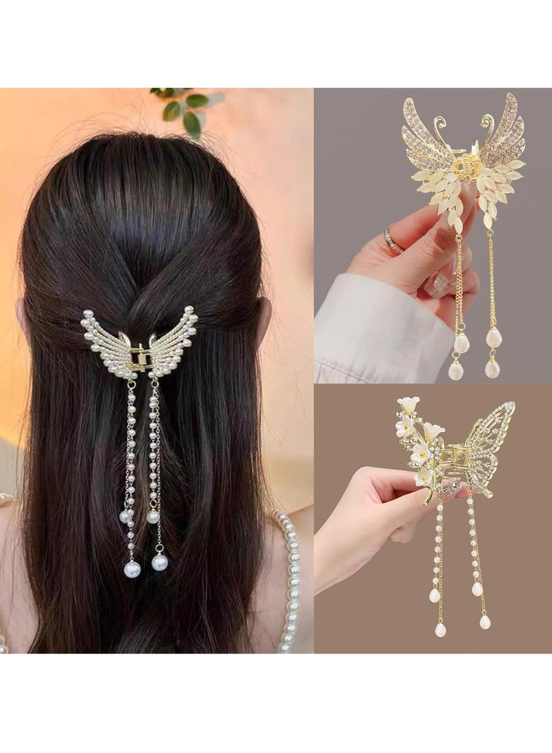 Oasisgalore Pack of 3 Small Gold Metal Butterfly Hair Clips with Fringe, Pearls, and Rhinestones for Women and Girls.  - Image 2