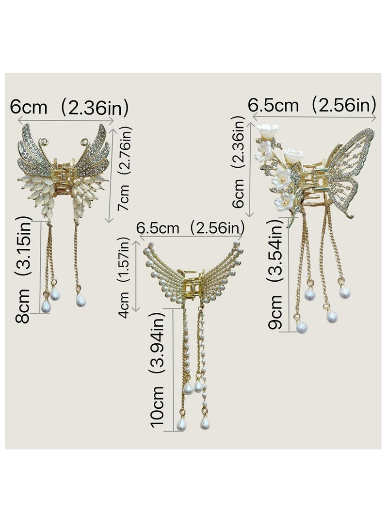 Oasisgalore Pack of 3 Small Gold Metal Butterfly Hair Clips with Fringe, Pearls, and Rhinestones for Women and Girls.  - Image 5