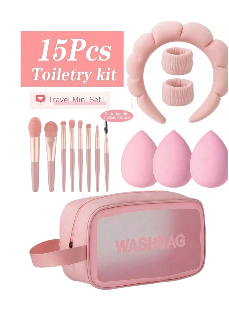 Shein 15-Piece Makeup Organizer: 1 Makeup Bag, 8 Mini Travel Brushes, 1 Hair Tie, 3 Beauty Blenders. Portable Makeup Set for Eyeshadows, Liquid Eyeliner, Lipstick, Lash Glue & More. Travel Cosmetic Organizer (Color May Vary) - Image 1