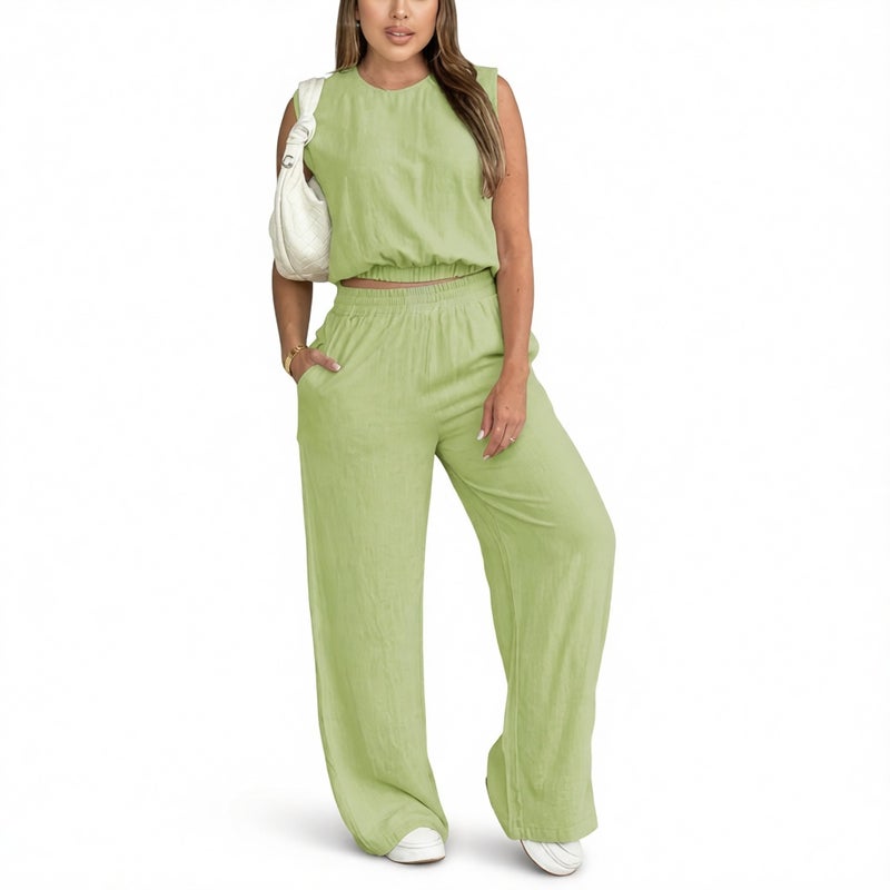 Women's Summer Casual Sleeveless Top and Straight Leg Pants Set - Image 2