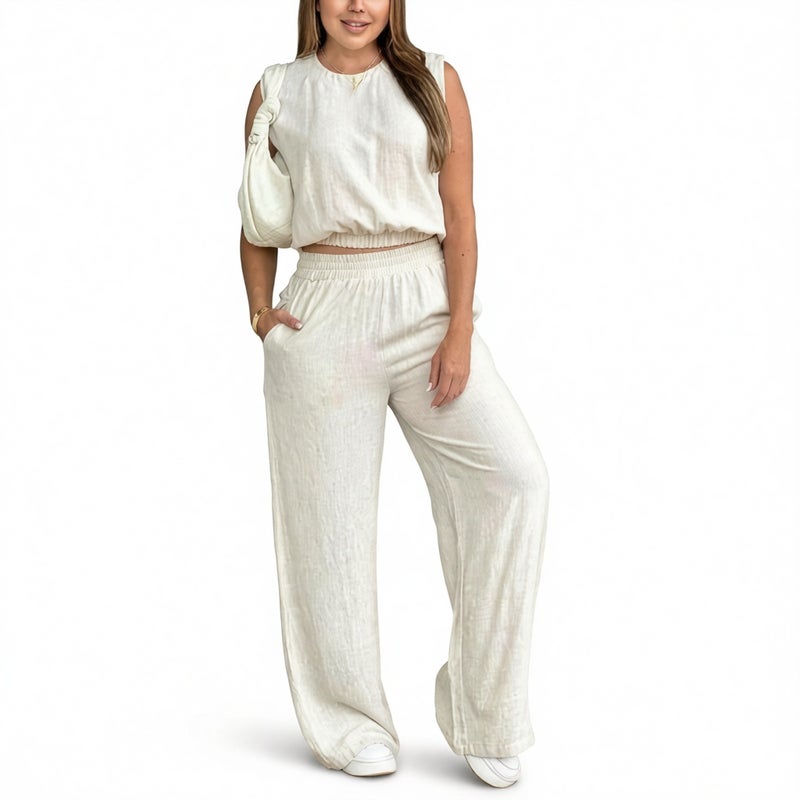 Women's Summer Casual Sleeveless Top and Straight Leg Pants Set - Image 3
