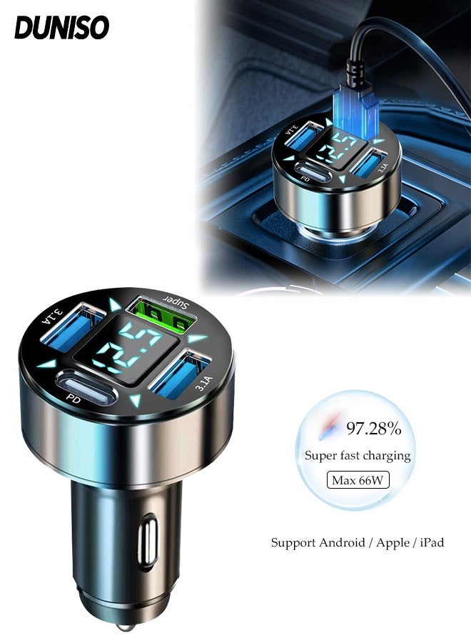 DUNISO Fast  Car Charger with 3 USB Port and 1 Type-C Port ，Multi function Dual USB port vehicle power adaptors,LED digital display,Suitable for iPhone ,Galaxy, Huawei and other mobile phone - Image 1