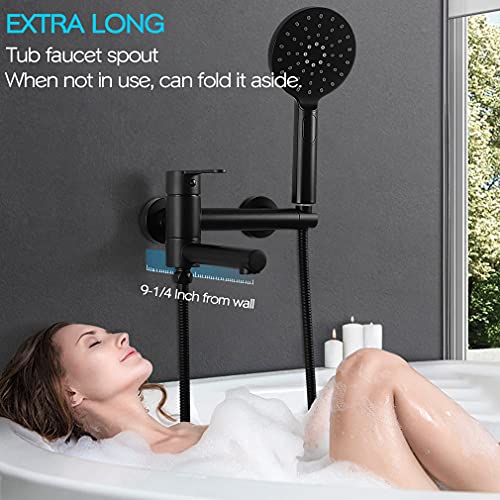 KAPHOME Matte Black Wall Mount Bathtub Faucet with Hand Shower,Tub Shower Faucet with Lengthened Folding Spout,KHSB05U - Image 4