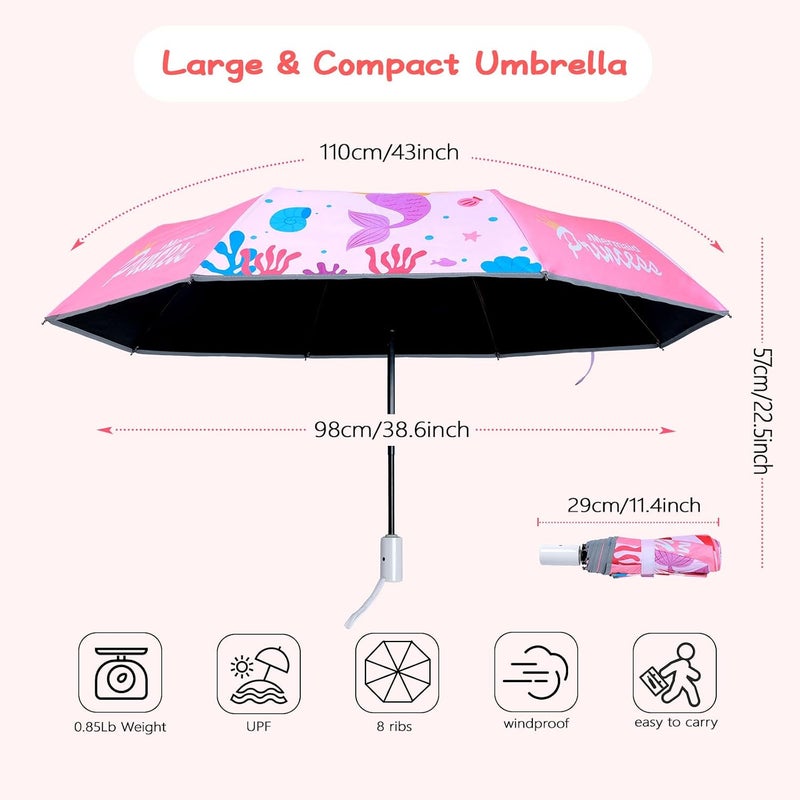 Decalsweet Kids Folding Umbrella Auto Open/Close Anti-rebound Safe Design UV Resistant Automatic Children Travel Umbrellas 8 Rib Reinforced Canopy 360° Reflective Strip Lightweight Cute Umbrella for Girls & Boys - Image 5