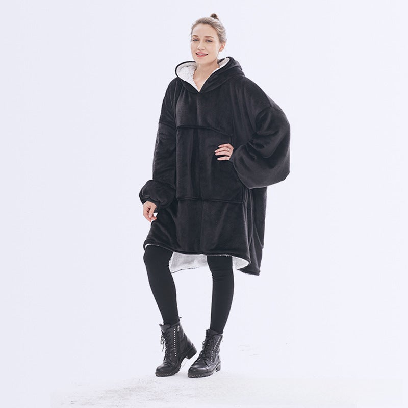 Oversized Hoodie Blanket Flannel Couples Loungewear Black-Adult Double Layer 