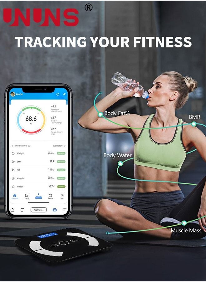 UNUNS - Smart Scale For Body Weight,Bluetooth Scale,Weight Scales,Body Fat Scale,Digital Bathroom Scale With LED Display,Rechargeable Weighing Scale,Body Composition Analyzer Scale,Up To 180Kg,Black - Image 1