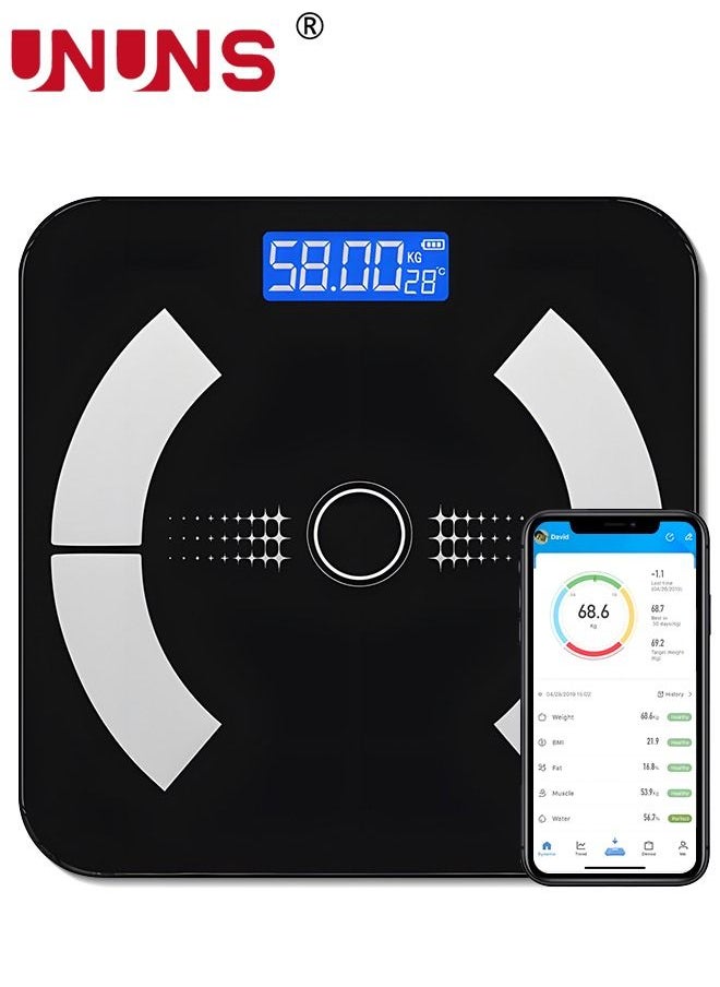 UNUNS - Smart Scale For Body Weight,Bluetooth Scale,Weight Scales,Body Fat Scale,Digital Bathroom Scale With LED Display,Rechargeable Weighing Scale,Body Composition Analyzer Scale,Up To 180Kg,Black - Image 1