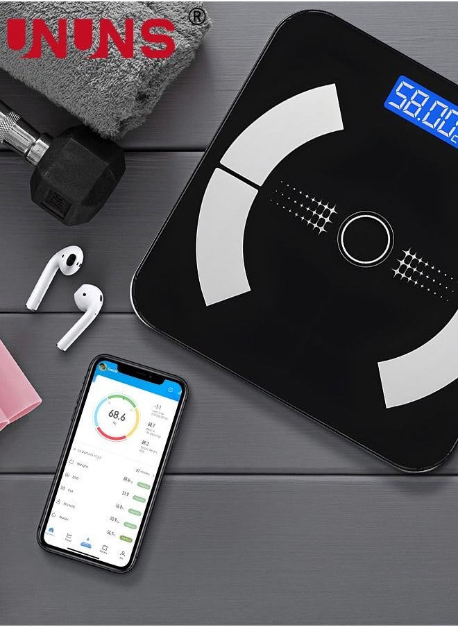 UNUNS - Smart Scale For Body Weight,Bluetooth Scale,Weight Scales,Body Fat Scale,Digital Bathroom Scale With LED Display,Rechargeable Weighing Scale,Body Composition Analyzer Scale,Up To 180Kg,Black - Image 1