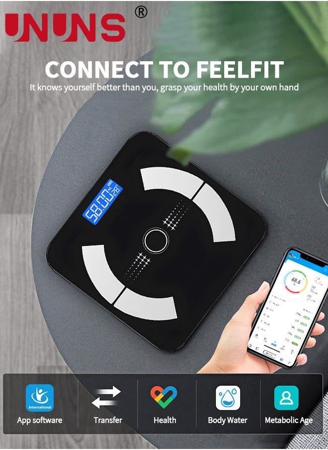UNUNS - Smart Scale For Body Weight,Bluetooth Scale,Weight Scales,Body Fat Scale,Digital Bathroom Scale With LED Display,Rechargeable Weighing Scale,Body Composition Analyzer Scale,Up To 180Kg,Black - Image 1