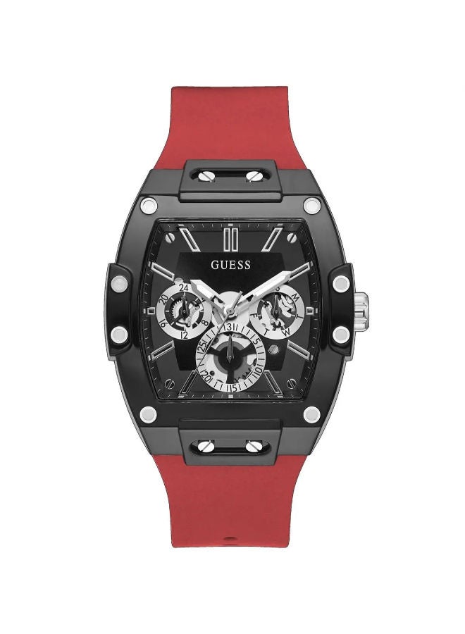 GUESS Mens Casual Multifunction 43mm Watch – Black Polycarbonate Case with Black Skeleton Dial & Red Silicone Strap, Red/Black - Image 1