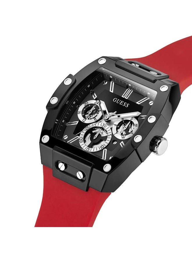 GUESS Mens Casual Multifunction 43mm Watch – Black Polycarbonate Case with Black Skeleton Dial & Red Silicone Strap, Red/Black - Image 2