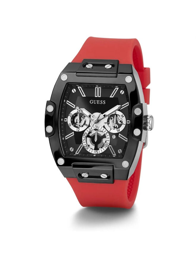 GUESS Mens Casual Multifunction 43mm Watch – Black Polycarbonate Case with Black Skeleton Dial & Red Silicone Strap, Red/Black - Image 3