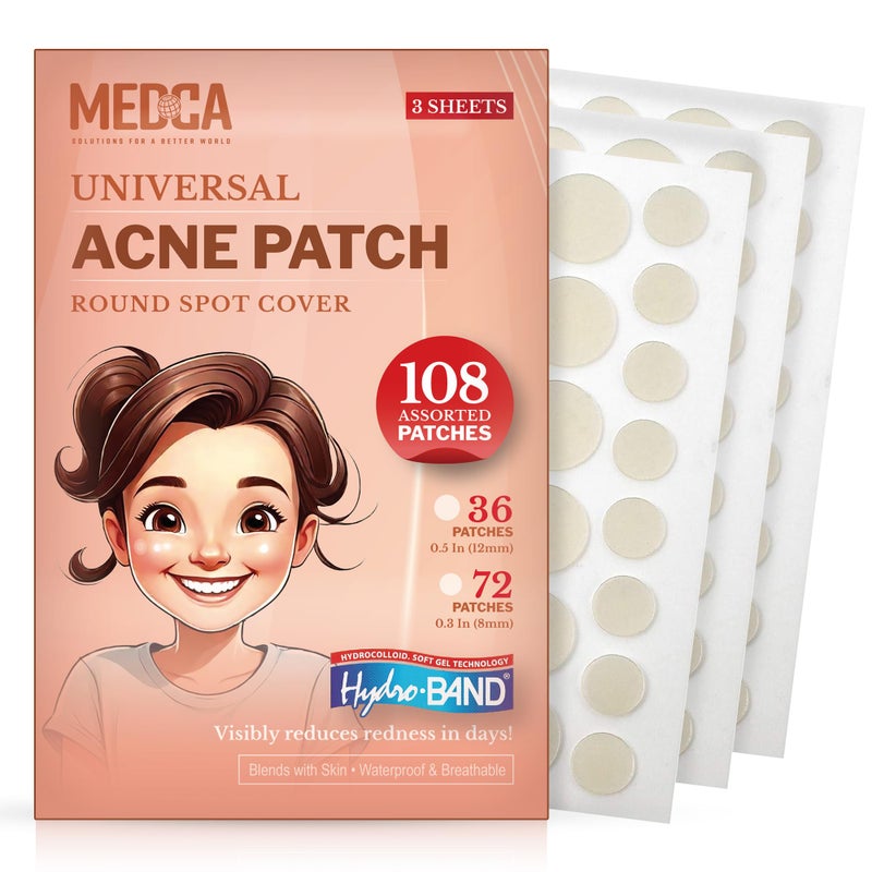 MEDca Acne Patches for Face Hydrocolloid Bandages 108 Count Pimple Patches for Face in 2 Universal Sizes Acne Spot Treatment Care for Face Skin Spot Patch Conceals Zits Acne and Blackheads