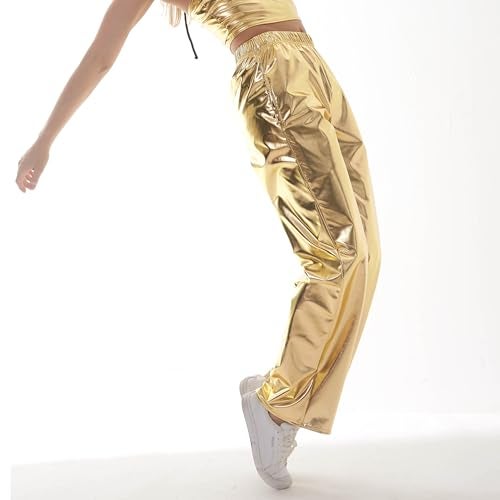 NewL Women Shiny Hip Hop Trousers Metallic Wetlook Wide Leg Pants Retro Disco Hippie Club Straight Leg Pants Streetwear (L, Gold) - Image 3
