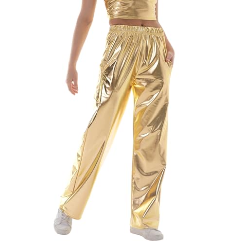 NewL Women Shiny Hip Hop Trousers Metallic Wetlook Wide Leg Pants Retro Disco Hippie Club Straight Leg Pants Streetwear (L, Gold) - Image 1