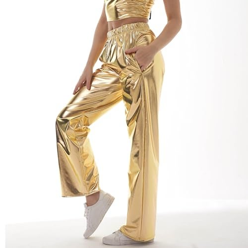 NewL Women Shiny Hip Hop Trousers Metallic Wetlook Wide Leg Pants Retro Disco Hippie Club Straight Leg Pants Streetwear (L, Gold) - Image 5