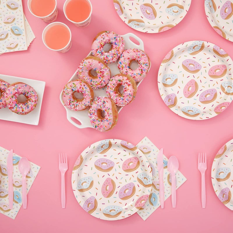 Juvale 144 Piece Donut Grow Up Party Supplies - Serves 24 Sprinkle Paper Plates, Napkins, Cups and Cutlery for Two Sweet Birthday Decorations - Image 3