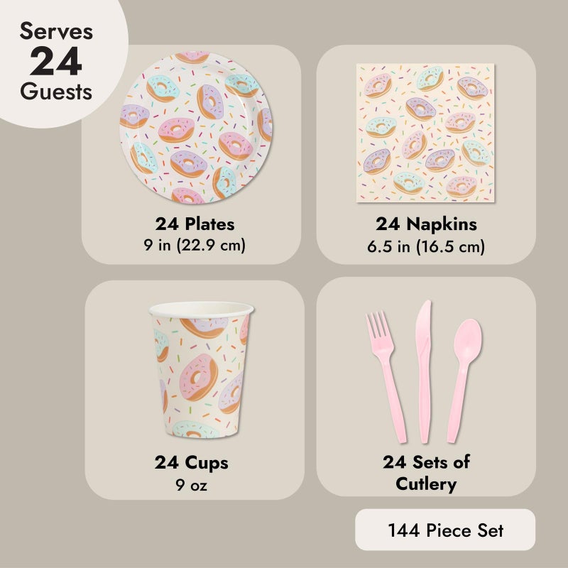 Juvale 144 Piece Donut Grow Up Party Supplies - Serves 24 Sprinkle Paper Plates, Napkins, Cups and Cutlery for Two Sweet Birthday Decorations - Image 5