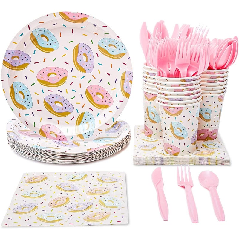 Juvale 144 Piece Donut Grow Up Party Supplies - Serves 24 Sprinkle Paper Plates, Napkins, Cups and Cutlery for Two Sweet Birthday Decorations - Image 1