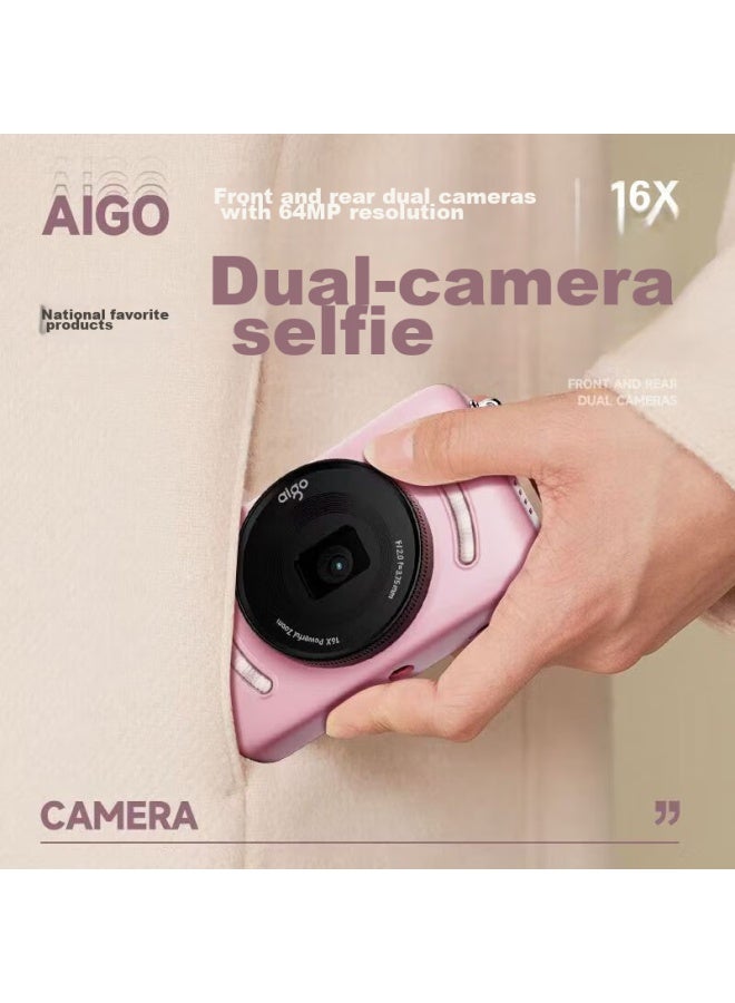 Aigo E3 Student Digital Camera, Compact Camera For Girls, High-definition For Campus, Travel, Birthday Gift, Affordable Alternative To Ccd, Dual Rear Cameras For Selfies, 32gb, Pink - Image 1