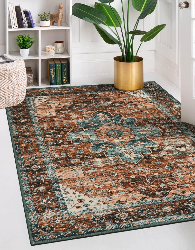 UltraThin Washable Vintage Area Rug 5x7 Large Boho NonSlip Rug for Bedroom Living Room Oriental Medallion NonShedding Print Floor Carpet for Dining Room Home Brick RedDull Teal