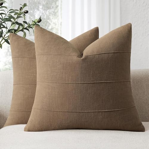 ZWJD Decorative Linen Throw Pillow Covers 20x20 Set of 2 Solid Handcrafted Striped Cushion Covers for Bed Soft Modern Farmhouse Neutral Pillowcase for Couch Bedroom Living Room Home DecorCoco Brown - Image 1